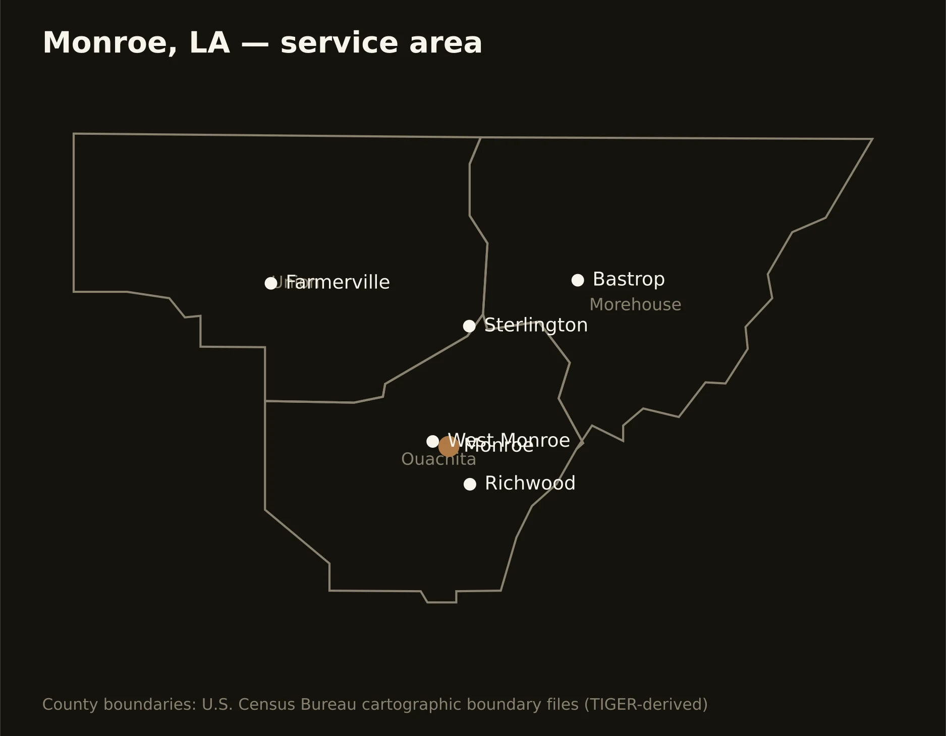 Monroe, LA directional drilling service area map — component counties and cities served